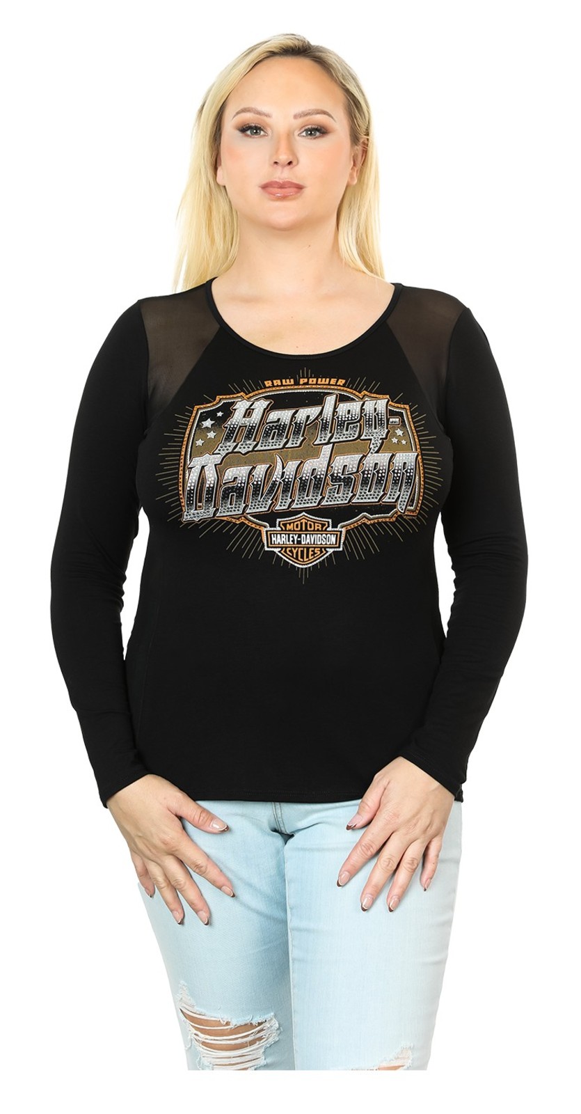 Harley-Davidson Women's Aggressive Logo Mesh Detail Long Sleeve T-Shirt, Black - Wisconsin Harley-Davidson