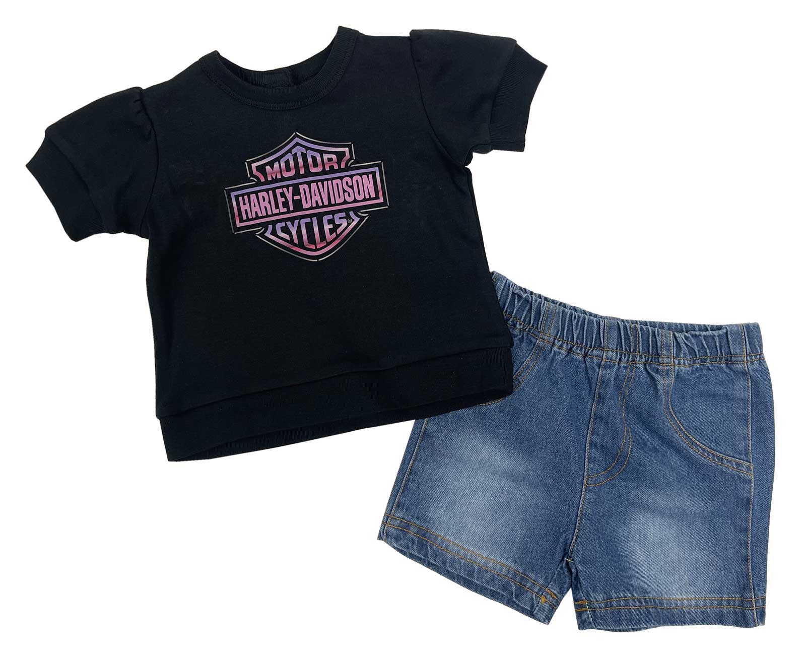Harley-Davidson Little Girls' 2 Piece Knit Pullover & Denim Shorts Toddler Set - Wisconsin Harley-Davidson