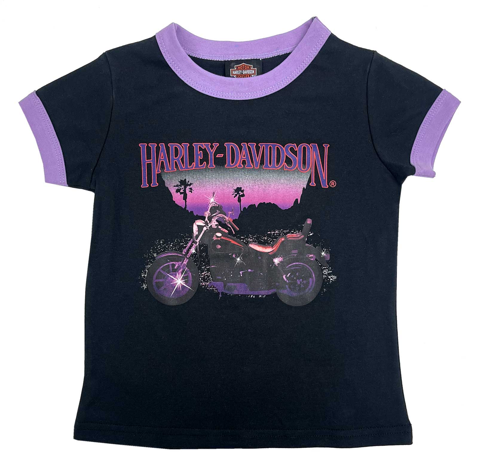 Harley-Davidson Big Girls' Glitter Short Sleeve Ringer Tee, Black/Purple - Wisconsin Harley-Davidson