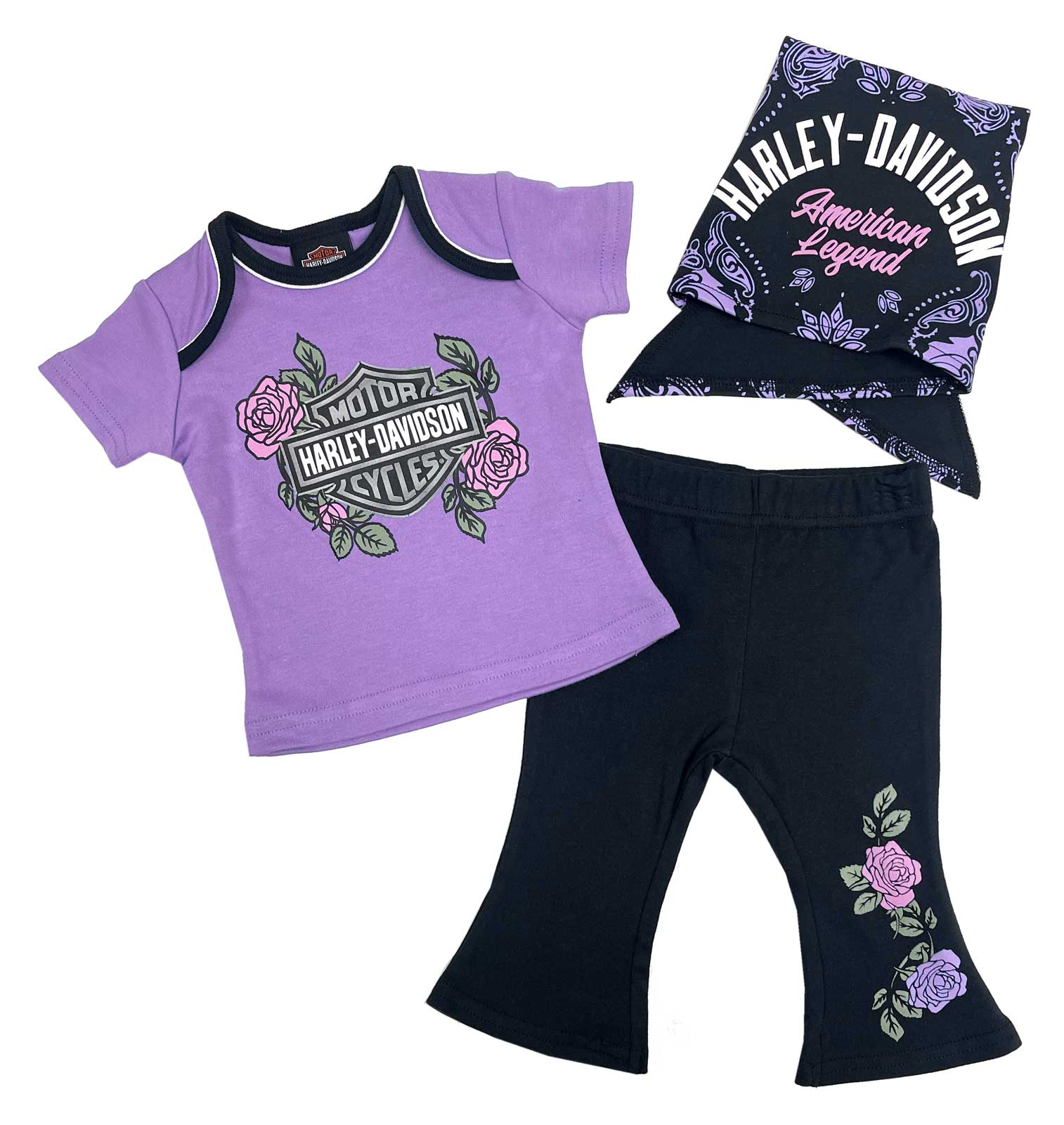 Harley-Davidson Baby Girls' 3-piece Roses Tee & Pant Newborn Gift Set w/ DooRag - Wisconsin Harley-Davidson