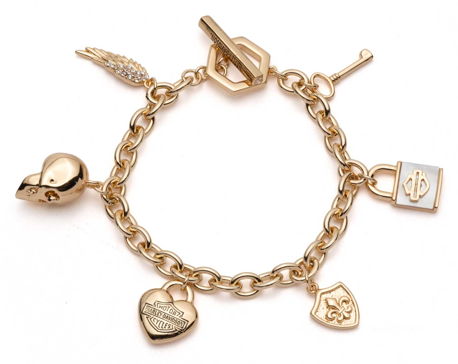 Harley-Davidson Women's Mother of Pearl Logo Charm Toggle Bracelet, Gold Brass - Wisconsin Harley-Davidson