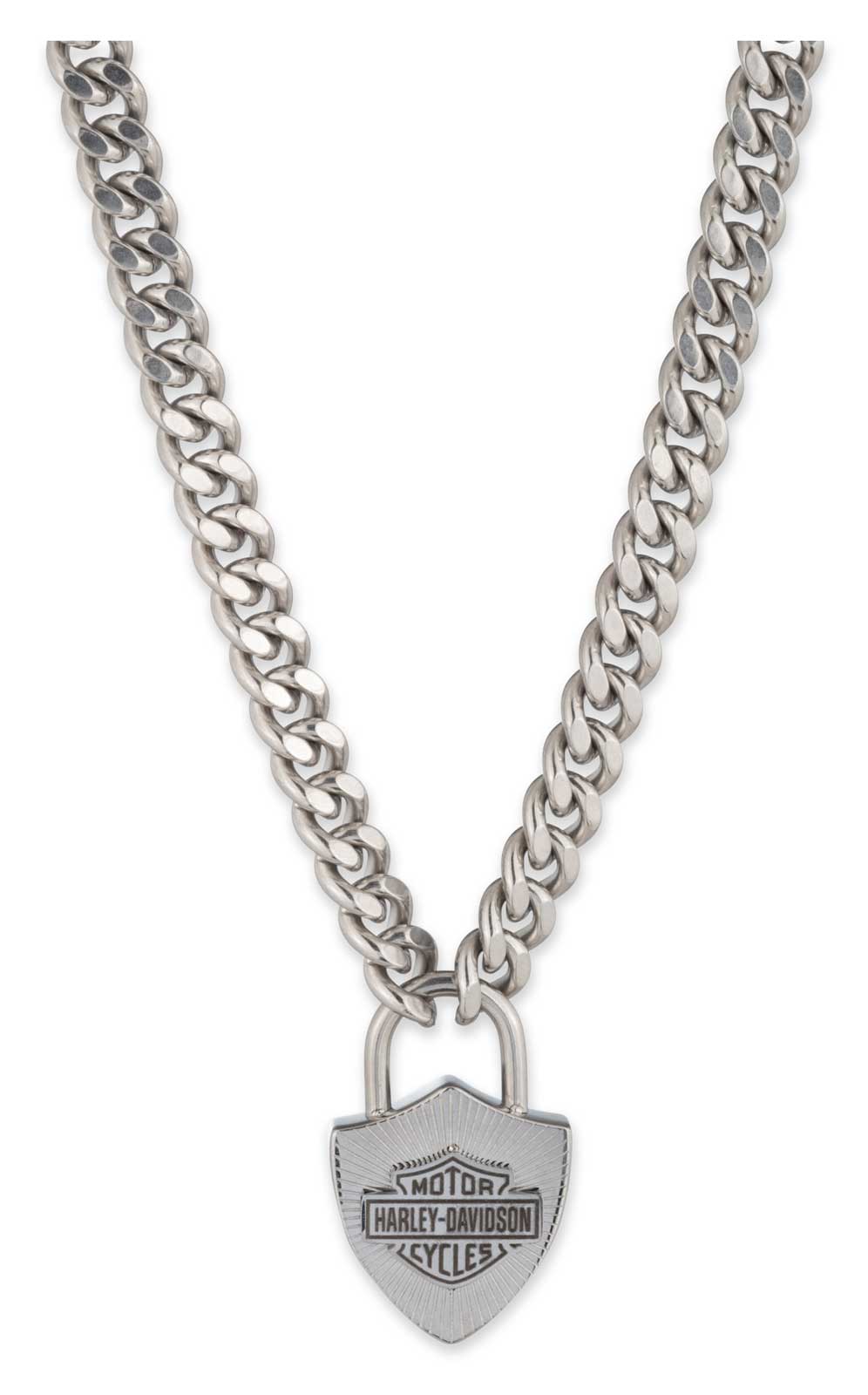 Harley-Davidson Men's 24 in. Bar & Shield Lock Pendant Chain Necklace, Silver - Wisconsin Harley-Davidson