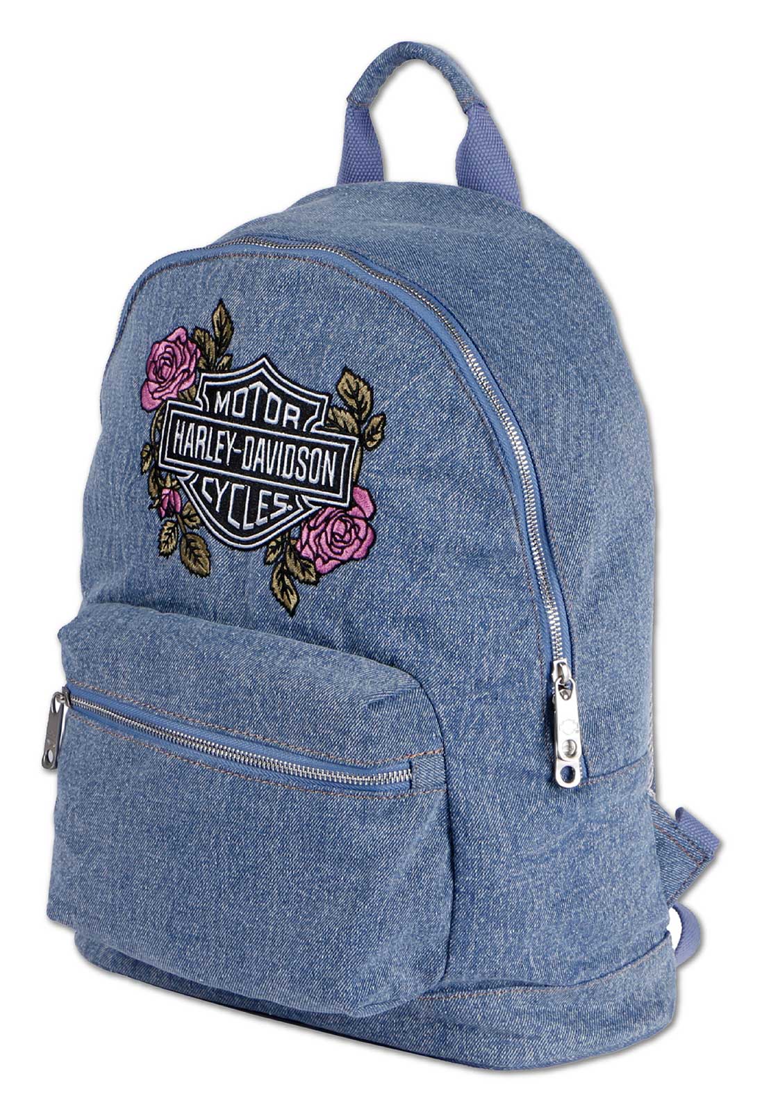 Harley-Davidson Free Shipping - Harley-Davidson Women's Embroidered Bar & Shield Rose Denim Backpack, Wash Blue - Free Shipping on many products plus Orders Over $99