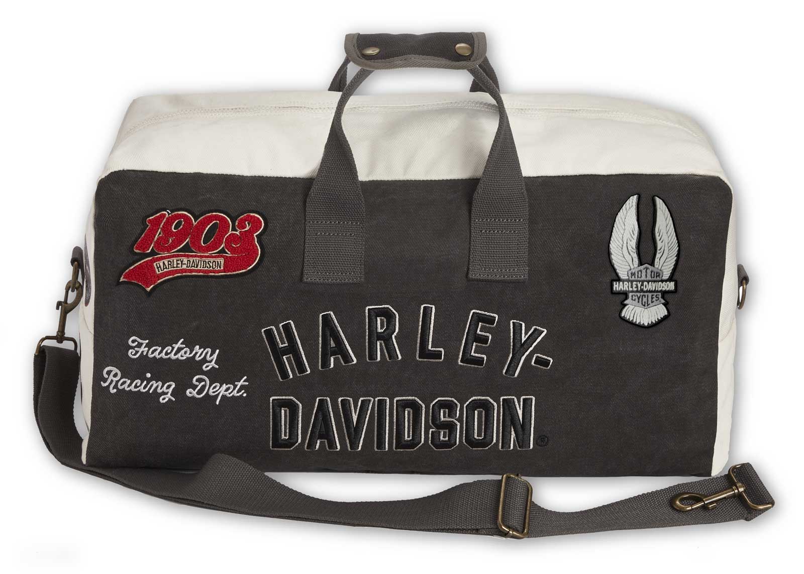 Harley-Davidson Multiple Patches & Logos Vintage Duffel Bag, Durable Canvas - Wisconsin Harley-Davidson