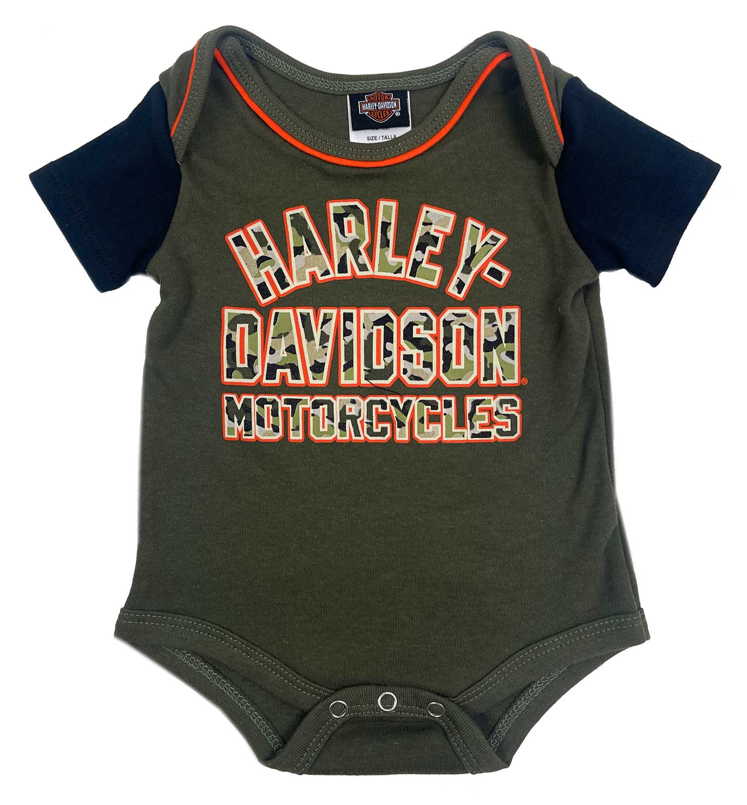 Harley-Davidson Baby Boys' Camo Print Raglan Short Sleeve Creeper, Green/Black - Wisconsin Harley-Davidson
