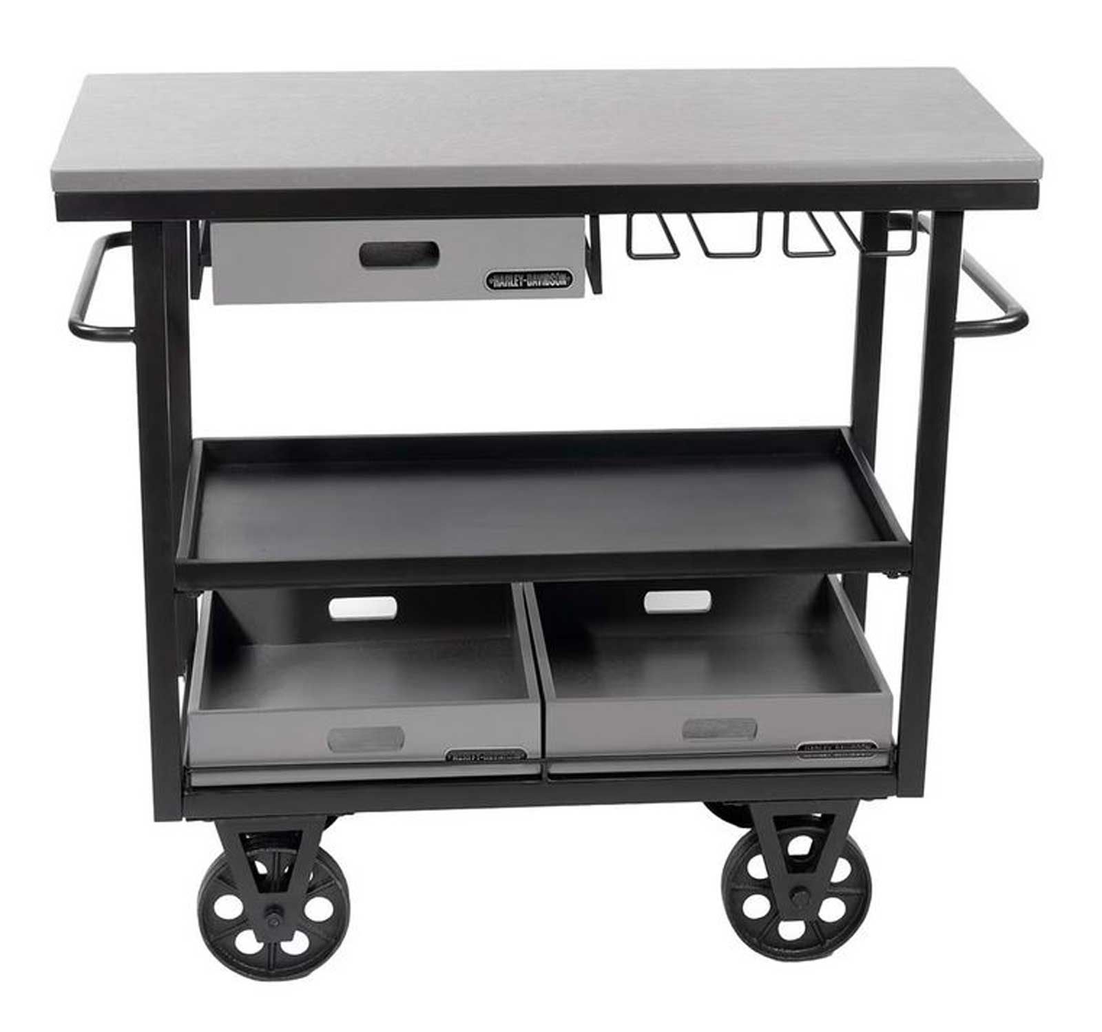 Harley-Davidson Rolling Bar Cart, Pullout Drawers & Wood Storage Bins Metal/Wood - No Hassle Returns at Wisconsin Harley