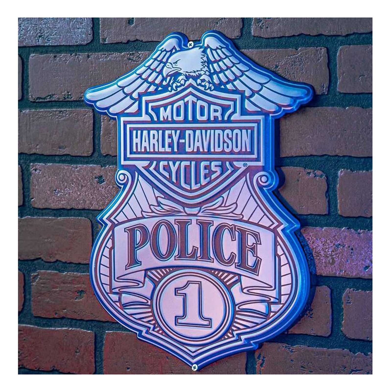 Harley-Davidson Embossed Police Shield Metal Sign, Custom Shaped Blue & Gray - No Hassle Returns at Wisconsin Harley
