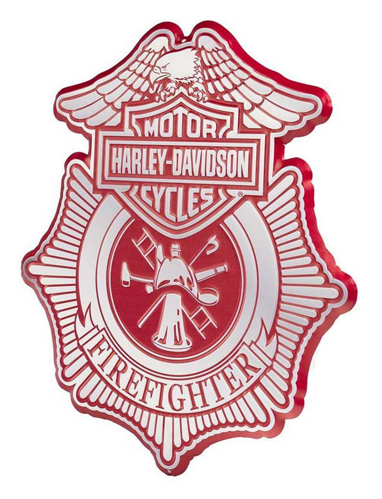 Harley-Davidson Free Shipping - Harley-Davidson Embossed Firefighter Shield Metal Sign, Custom Shaped Red & Gray - Free Shipping on many products plus Orders Over $99