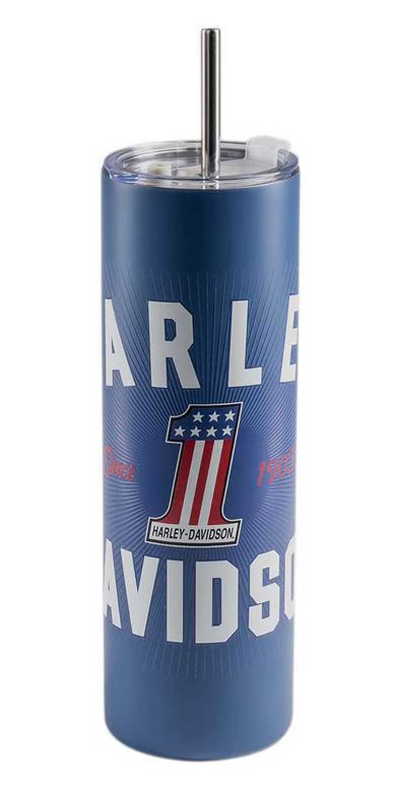 Harley-Davidson #1 RWB Graphic Travel Mug w/ Straw, Blue Stainless Steel - Wisconsin Harley-Davidson