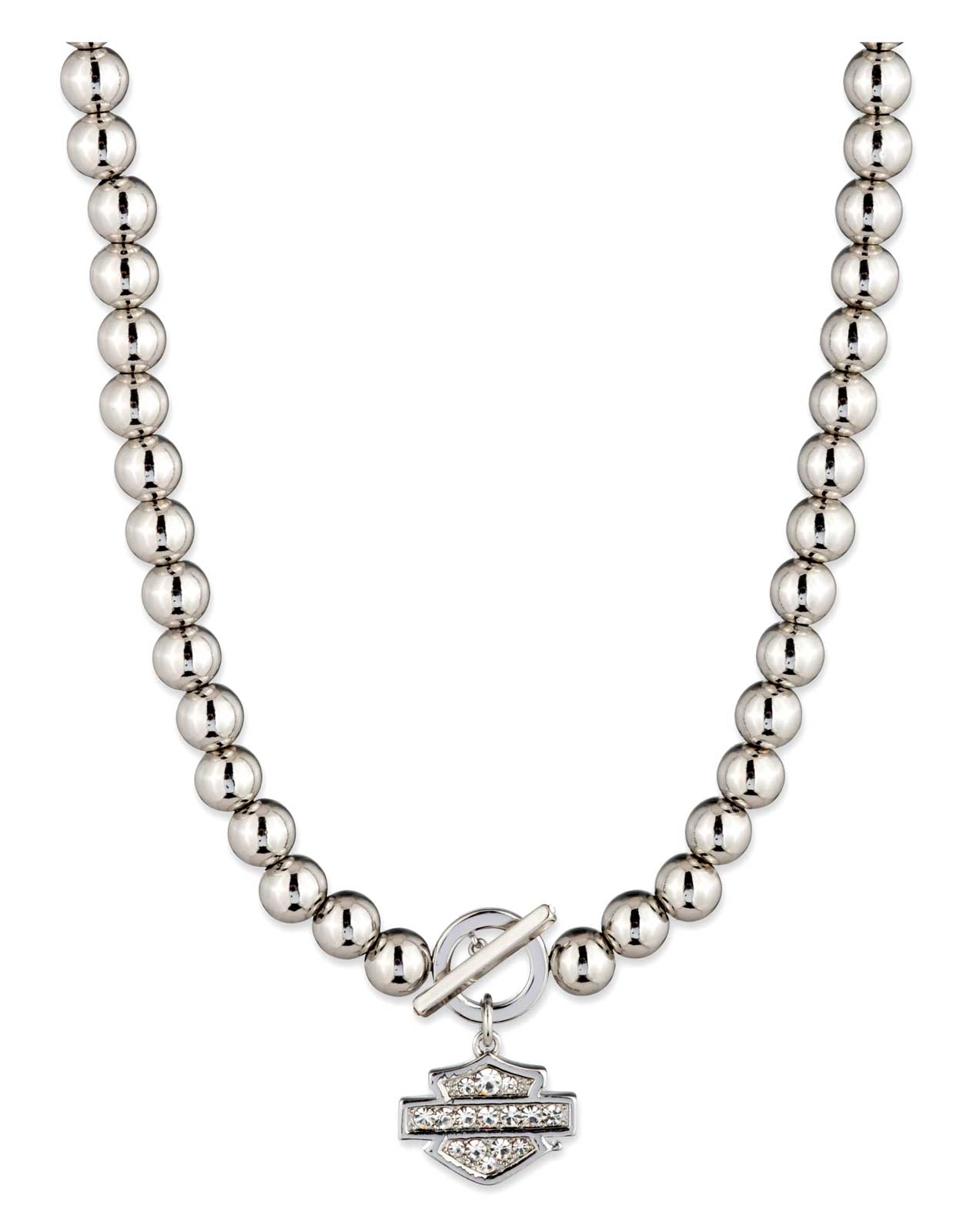 Harley-Davidson Women's 16 in. Crystal Bar & Shield Bead Toggle Necklace, Silver - Wisconsin Harley-Davidson