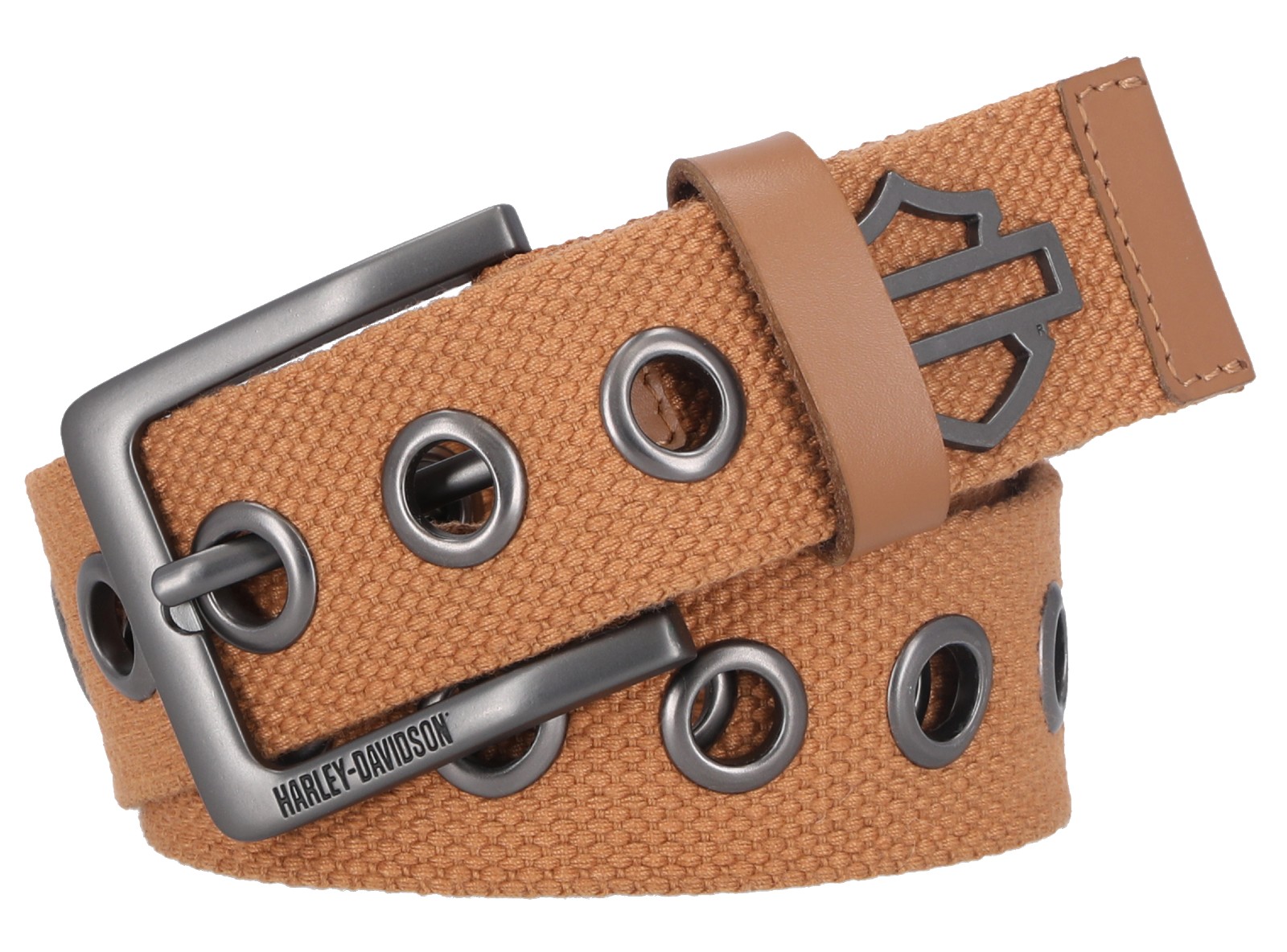 Harley-Davidson Women's Eyelet Perf Metal Bar & Shield Badge Canvas Belt - Tan - Wisconsin Harley-Davidson