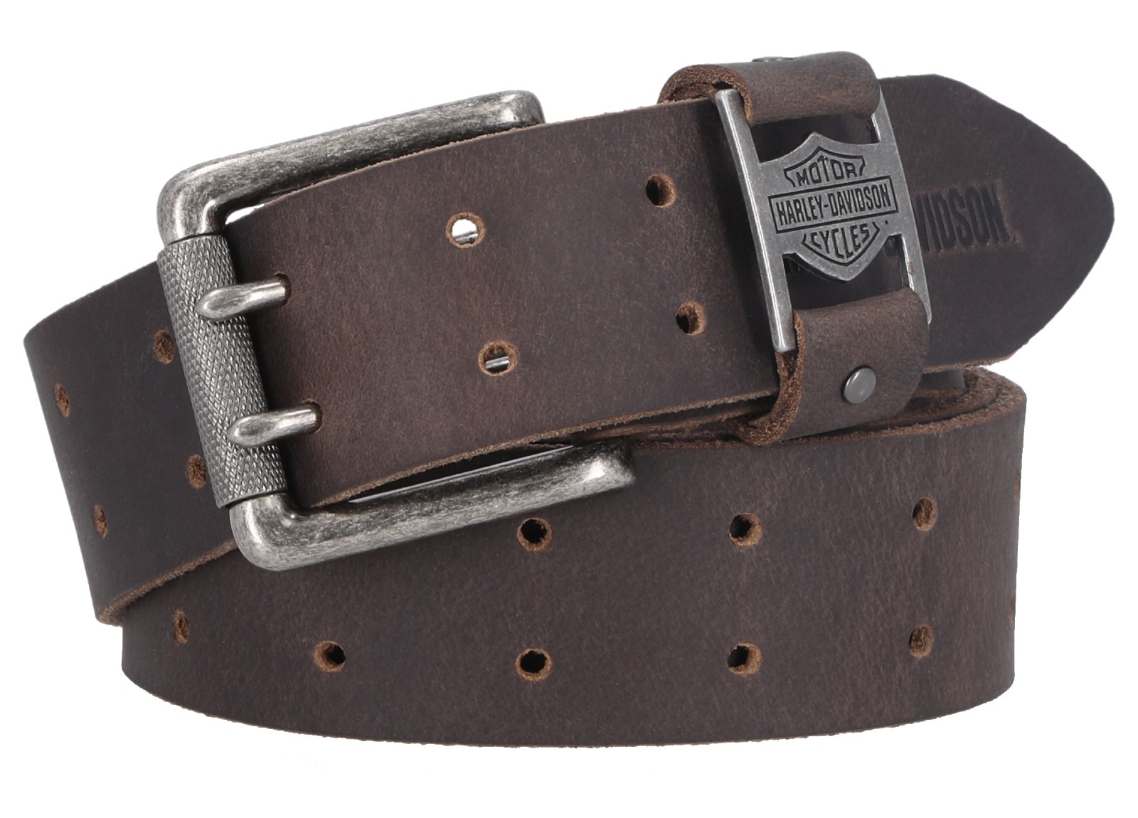 Harley-Davidson Men's Metal Keeper B&S Double Prong Leather Belt - Brown - Wisconsin Harley-Davidson
