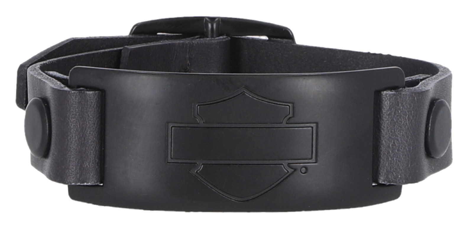 Harley-Davidson Unisex Bar & Shield Metal Plaque Leather Cuff Bracelet, Black - Wisconsin Harley-Davidson