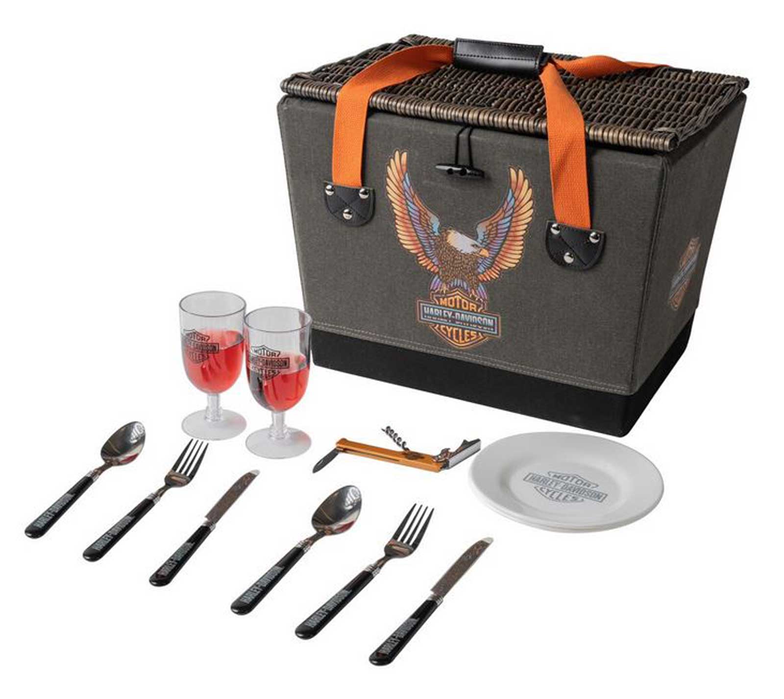 Harley-Davidson Vivid Bar & Shield Eagle Picnic Basket w/ Wicker Lid & Handles - No Hassle Returns at Wisconsin Harley