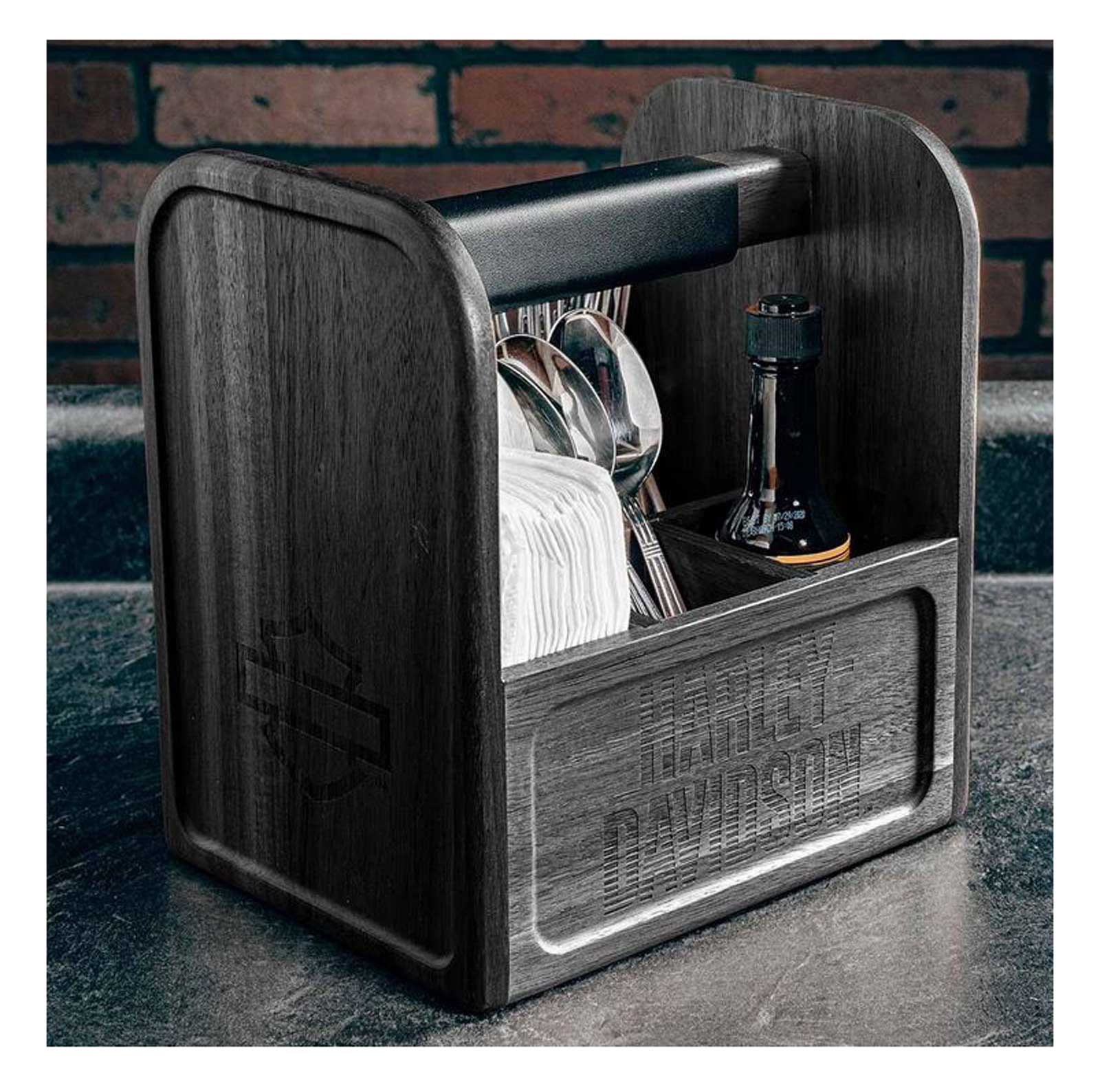 Harley-Davidson Open Bar & Shield Wooden Picnic Caddy w/ Dividers, Black - Largest Selection of Harley-Davidson Products