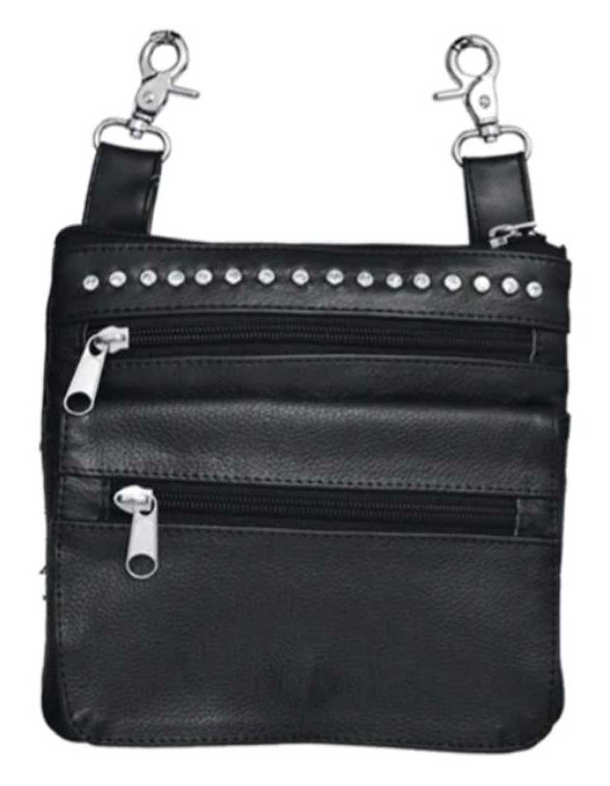 Derringer Women's Studded Double Zipper Cowhide Leather Clip-On Hip Bag - Black - Wisconsin Harley-Davidson