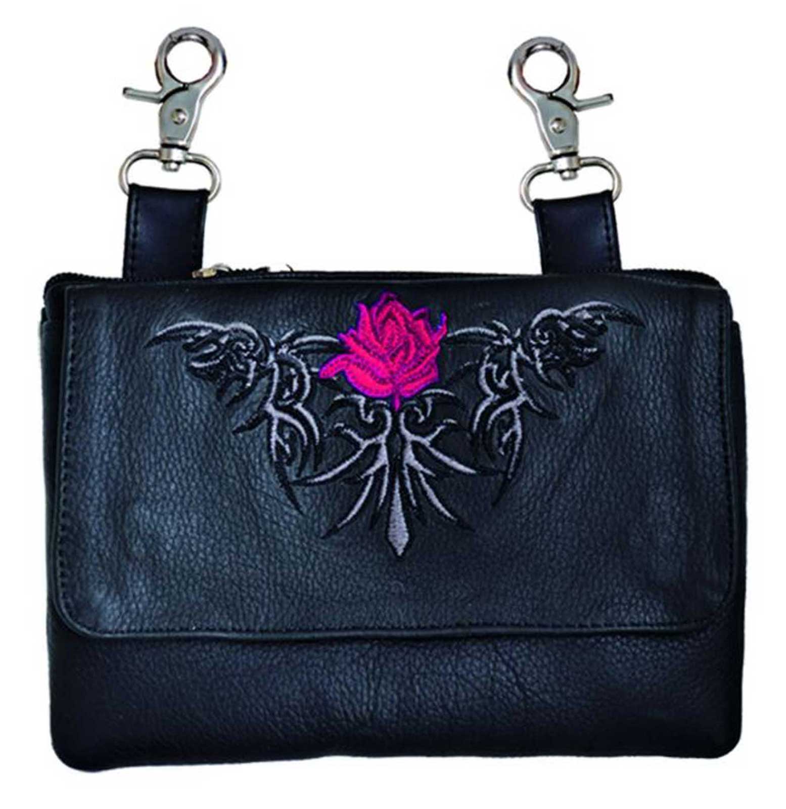 Derringer Women's Red Rose Cowhide Leather Clip-On Hip Bag - Classic Black - Wisconsin Harley-Davidson