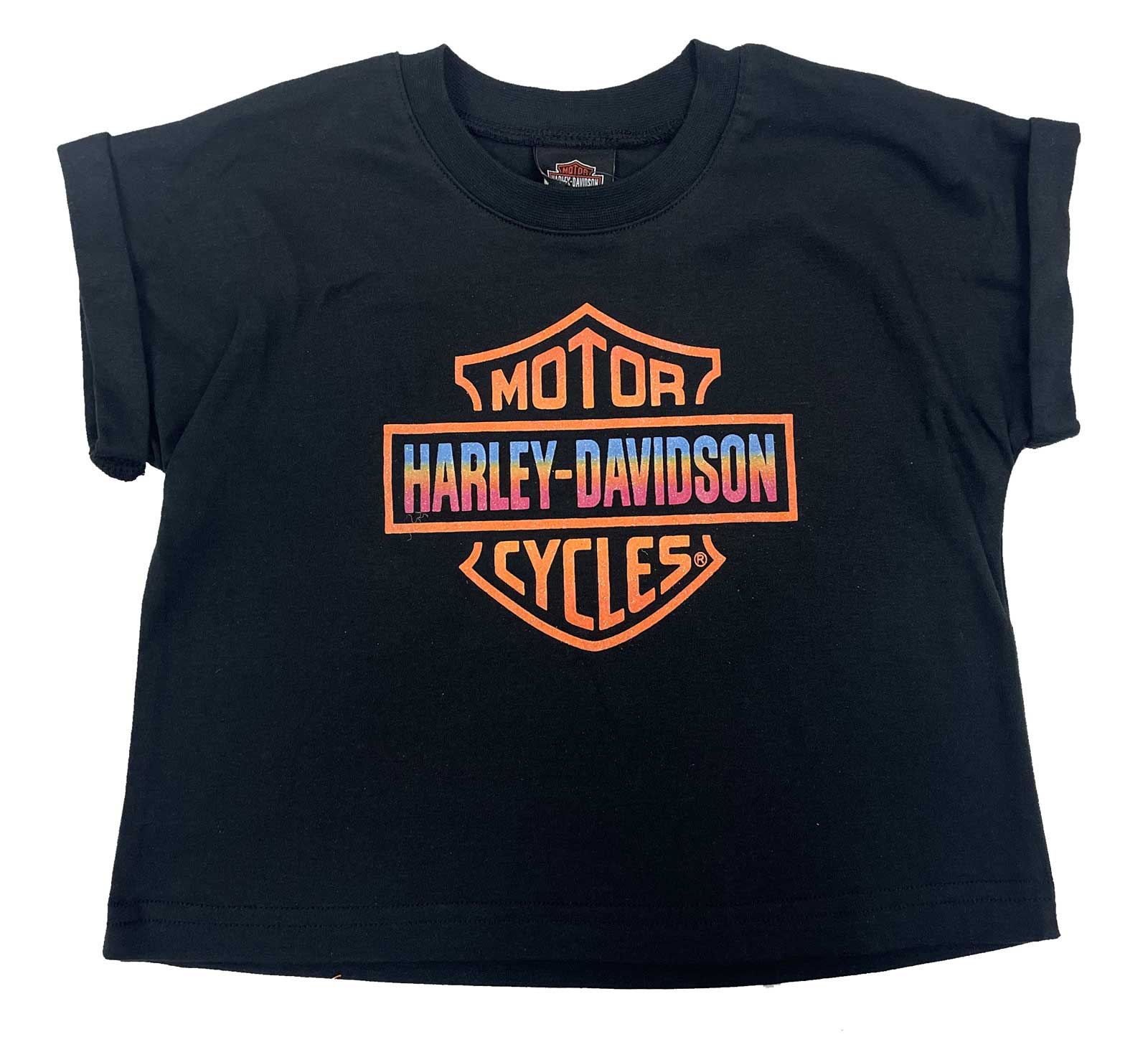 Harley-Davidson Big Girls' Glittery Logo Short Sleeve Boxy Tee, Solid Black - Wisconsin Harley-Davidson