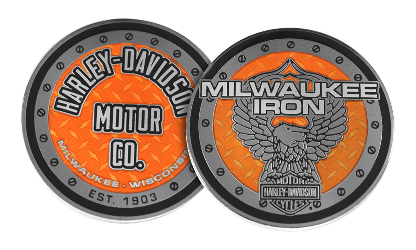 Harley-Davidson Eagle Rivets Metal Challenge Coin, Silver & Orange Finish - Wisconsin Harley-Davidson