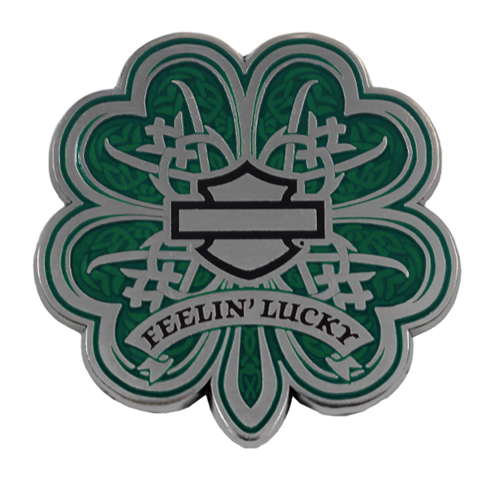 Harley-Davidson 1.5 inch. Feelin' Lucky Clover Metal Pin, Green & Silver Finish - Wisconsin Harley-Davidson
