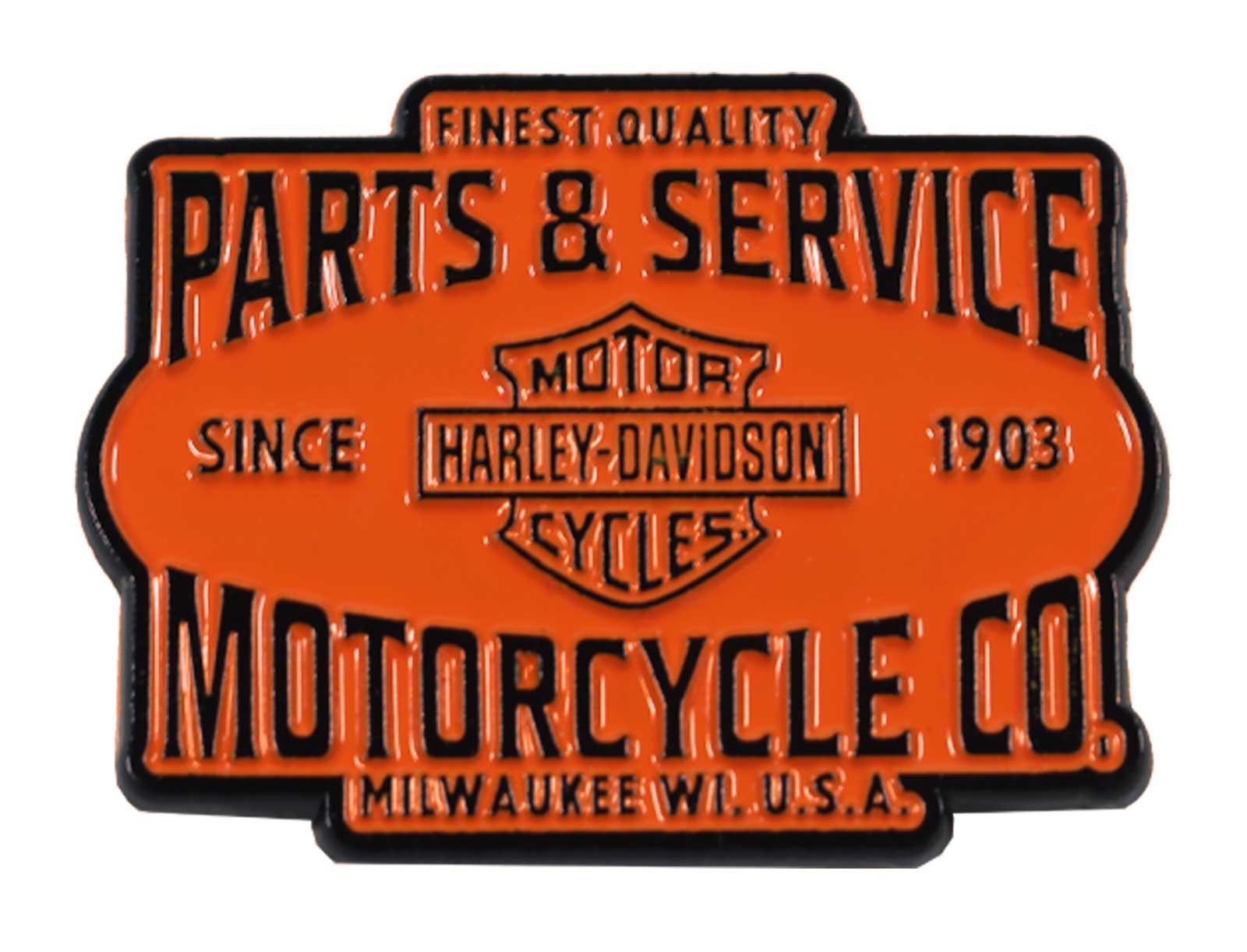 Harley-Davidson 1.5 inch. Parts & Service Metal Pin, Orange/Black Finish - Wisconsin Harley-Davidson
