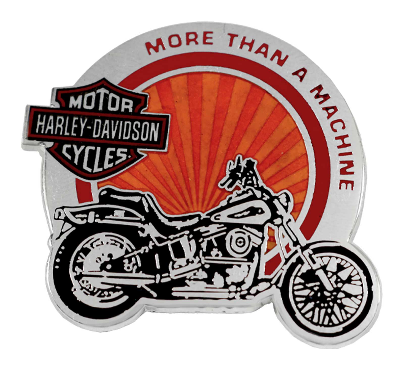 Harley-Davidson 1.5 inch. More than a Machine Metal Pin, Silver & Orange Finish - Wisconsin Harley-Davidson