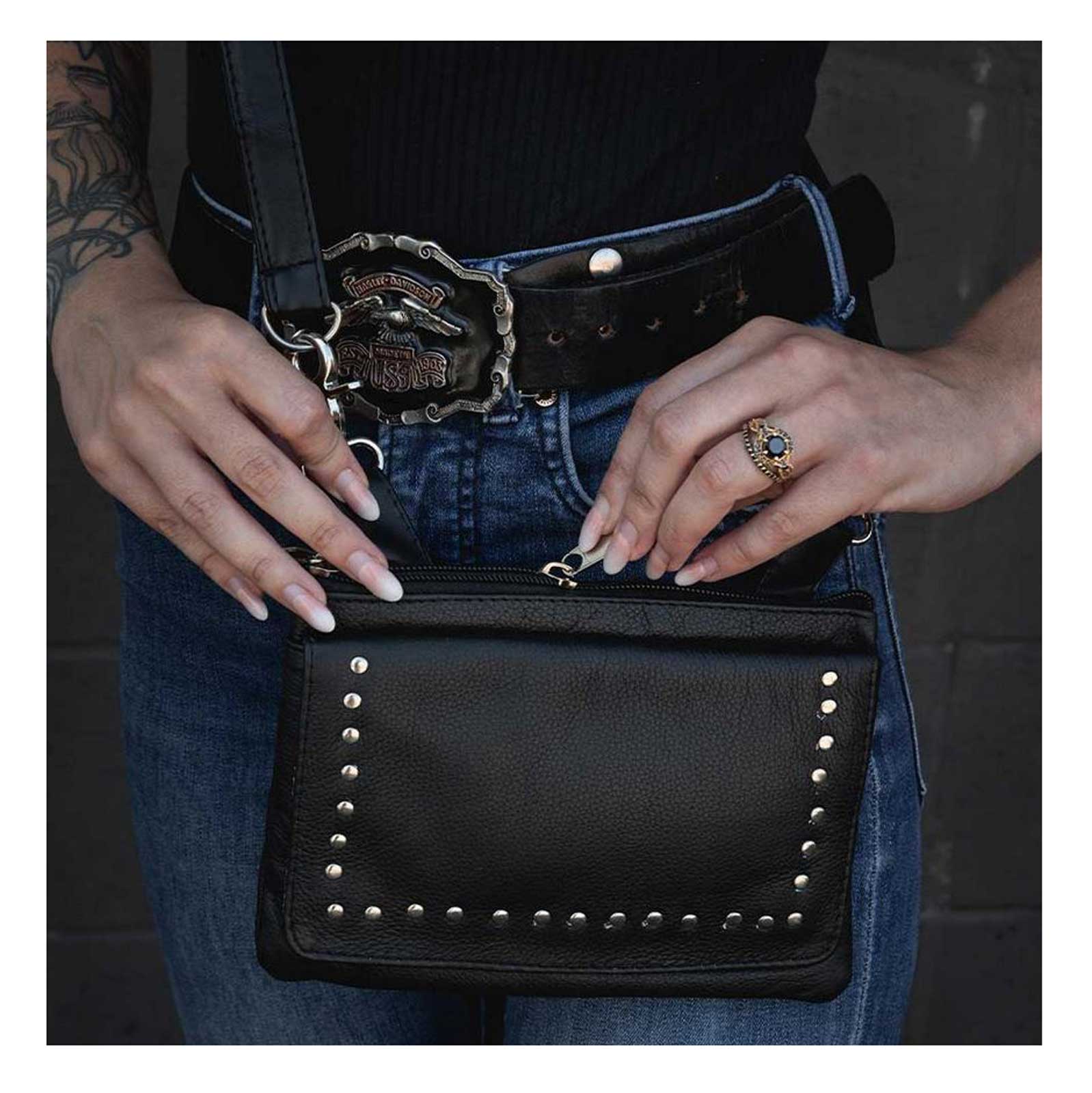 Derringer Women's Studded Accents Cowhide Leather Clip-On Hip Bag - Black - No Hassle Returns at Wisconsin Harley
