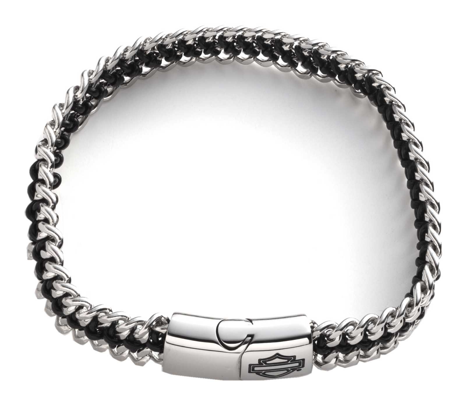 Harley-Davidson Men's 8 in. Bar & Shield Leather Cord/Metal Bracelet, Silver - Wisconsin Harley-Davidson