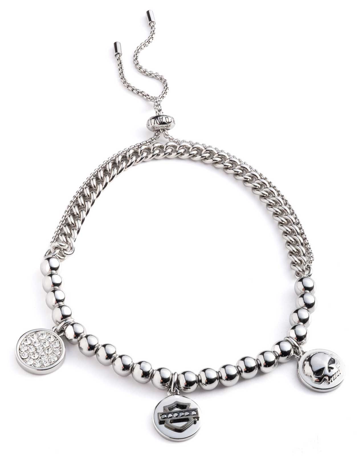 Harley-Davidson Women's Crystal Charms Double Row Slider Bracelet, Silver - Wisconsin Harley-Davidson