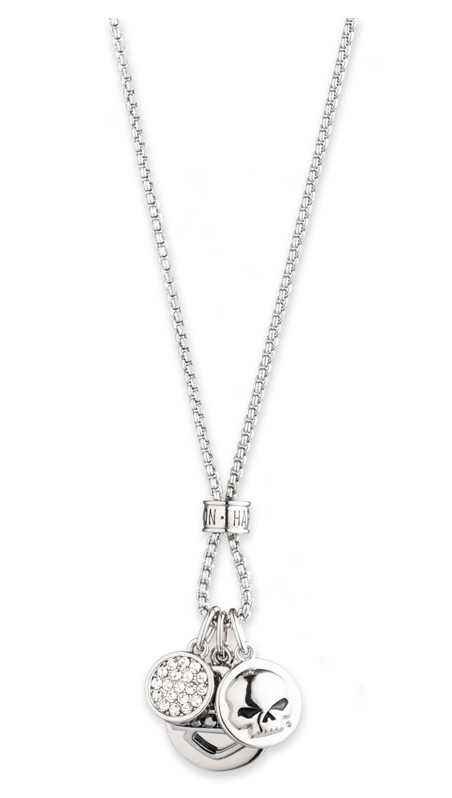 Harley-Davidson Women's 18 in. Crystal Charm Chain Necklace, Silver Brass - Wisconsin Harley-Davidson