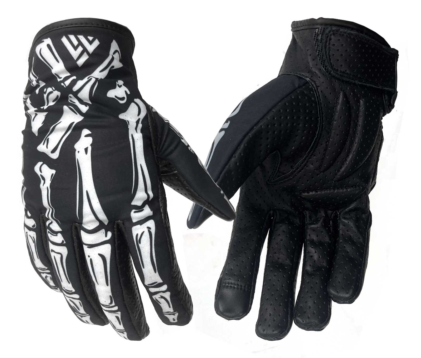 UNIK Men's Skeleton Full-Finger Leather/Nylon Gloves, Black & White - Wisconsin Harley-Davidson