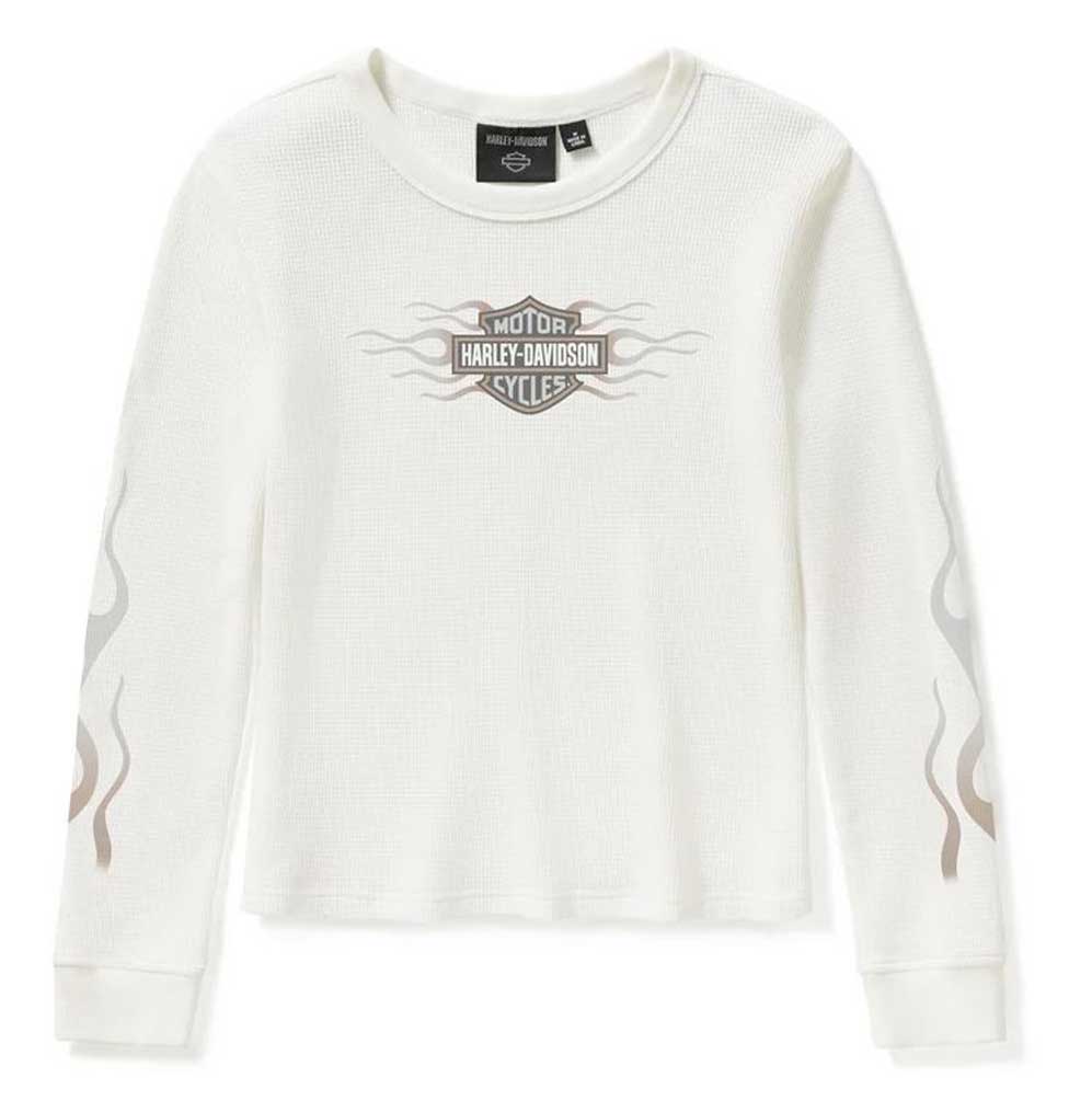 Harley-Davidson Women's Vintage Flames Knit Long Sleeve Top, White 96762-25VW - Wisconsin Harley-Davidson
