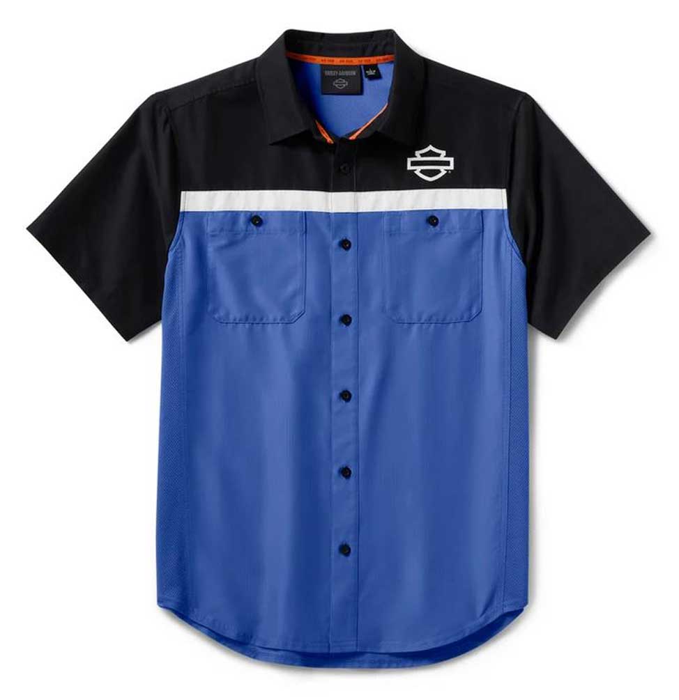Harley-Davidson Men's H-D TECH Vented Colorblock Shirt, Blue/Black 96618-25VM - Wisconsin Harley-Davidson