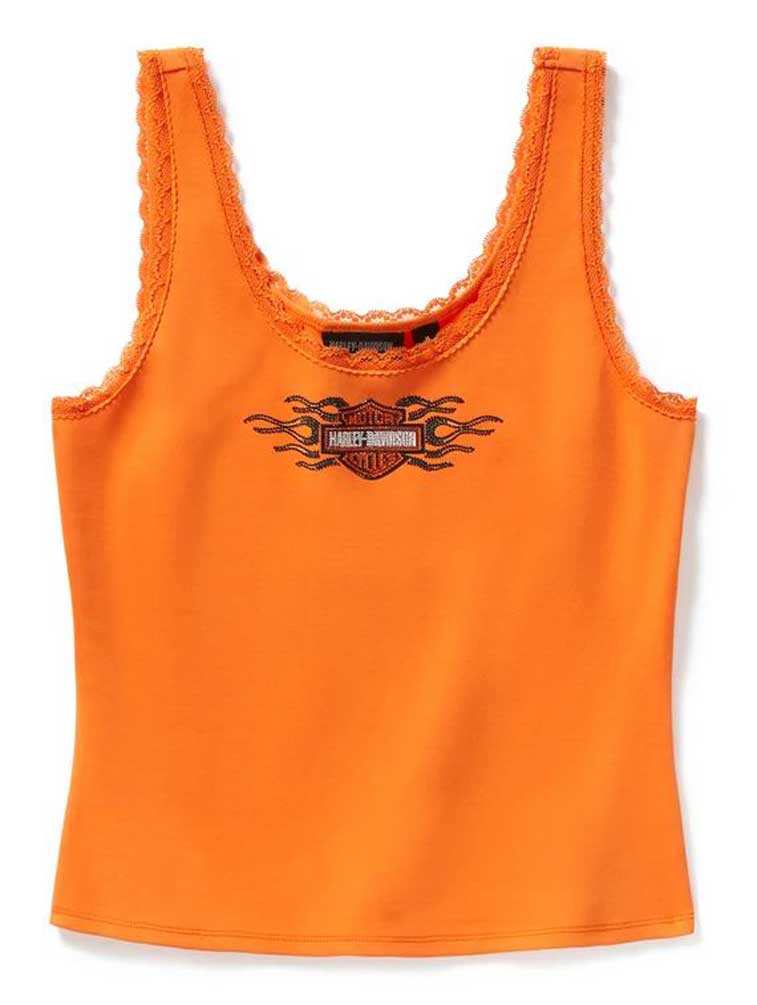 Harley-Davidson Women's Vintage Flames Bling Lace Trim Tank, Orange 96774-25VW - Wisconsin Harley-Davidson