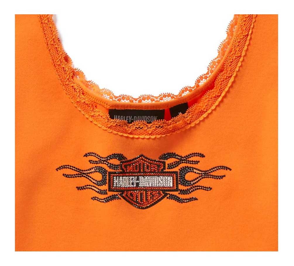 Harley-Davidson Women's Vintage Flames Bling Lace Trim Tank, Orange 96774-25VW - No Hassle Returns at Wisconsin Harley
