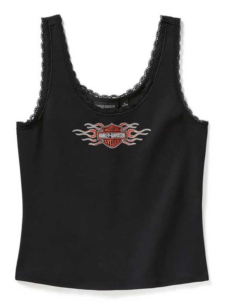 Harley-Davidson Women's Vintage Flames Bling Lace Trim Tank, Black 96773-25VW - Wisconsin Harley-Davidson