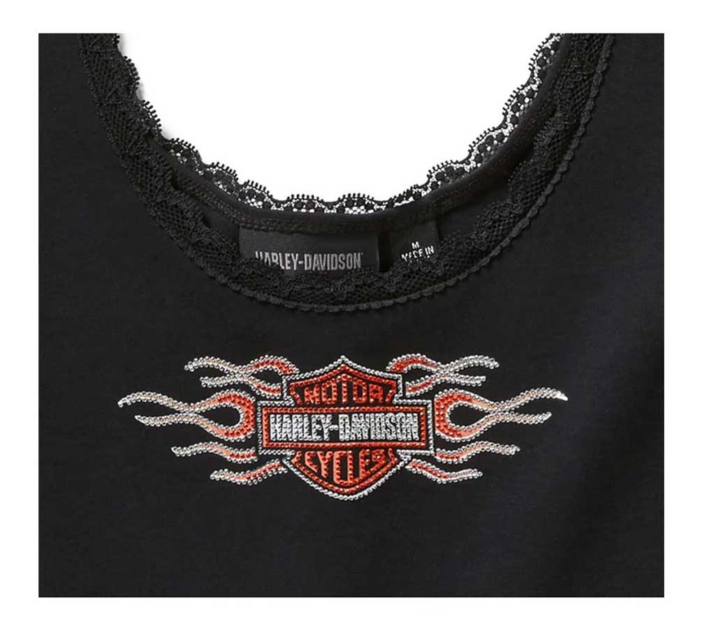 Harley-Davidson Women's Vintage Flames Bling Lace Trim Tank, Black 96773-25VW - No Hassle Returns at Wisconsin Harley
