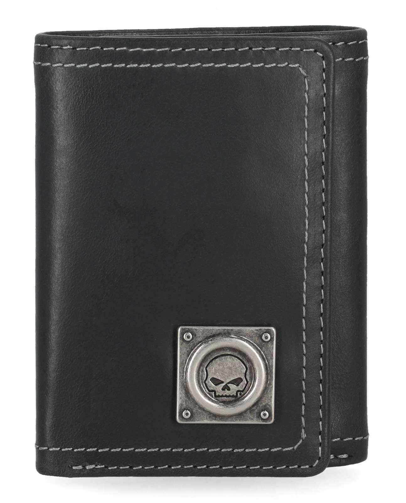 Harley-Davidson Men's Skull Stitch Tri-Fold Genuine Leather Wallet, Black - Wisconsin Harley-Davidson