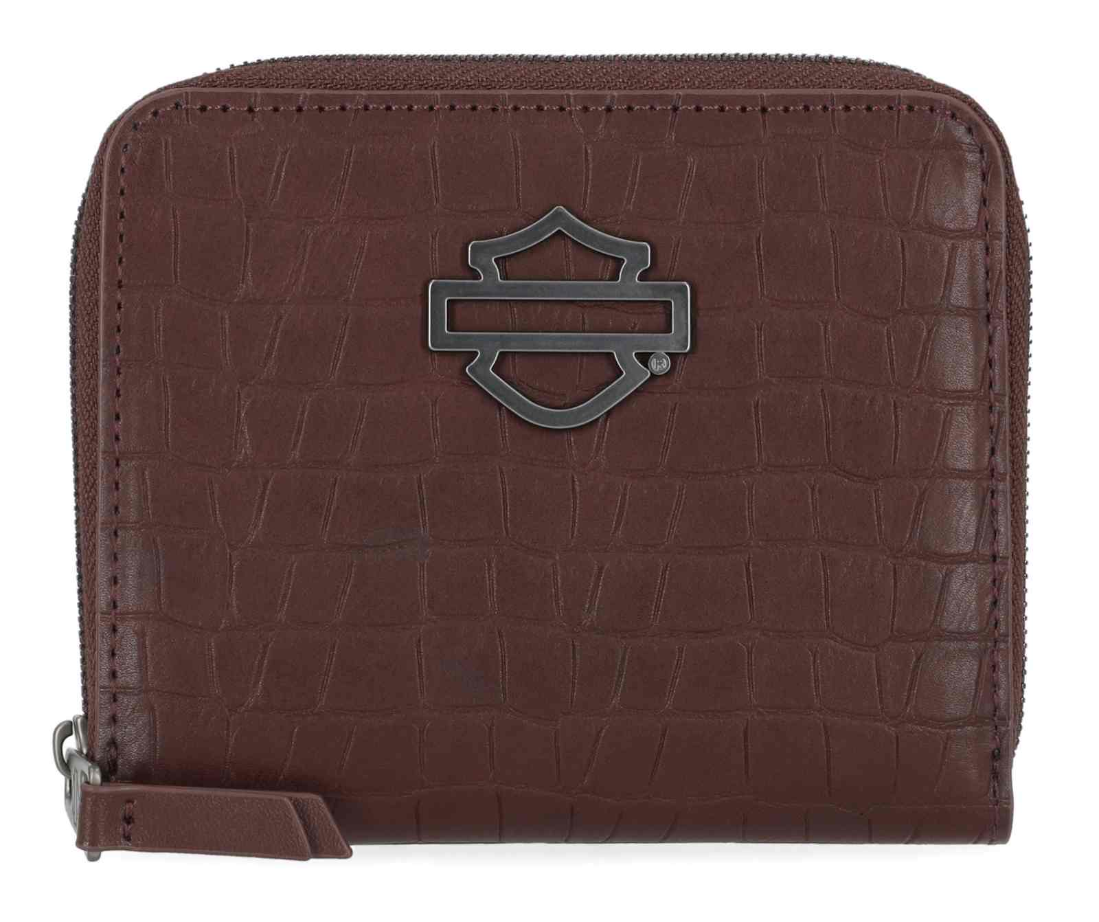 Harley-Davidson Women's Metal Bar & Shield Croco Small Zip Around Wallet, Maroon - Wisconsin Harley-Davidson