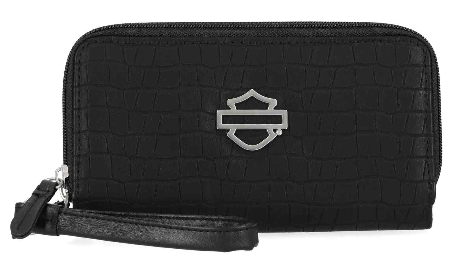 Harley-Davidson Women's Metal Bar & Shield Croco Zip Around w/ Wristlet, Black - Wisconsin Harley-Davidson