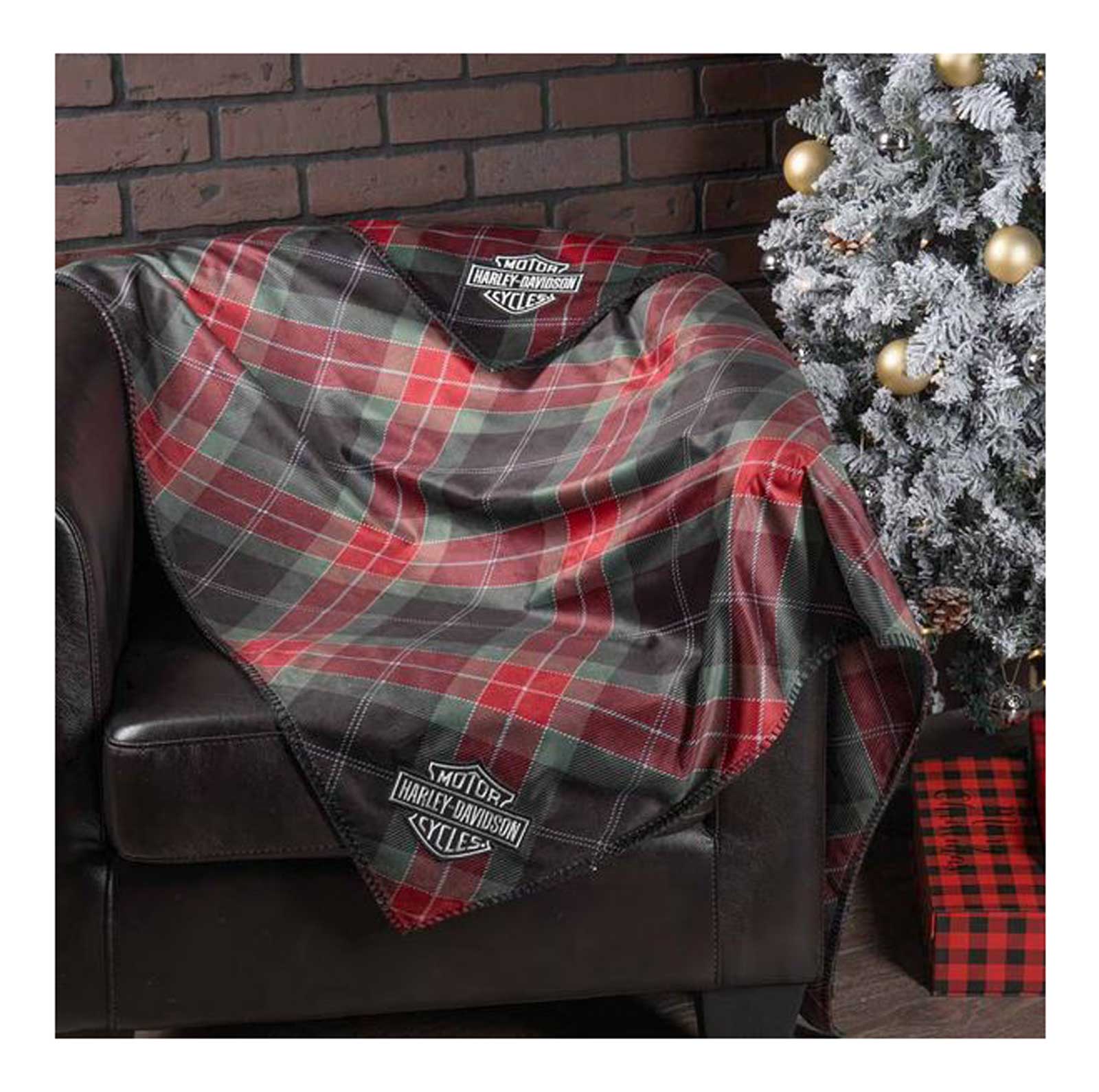 ハーレーダビッドソン 刺繍ブランケット Harley-Davidson® Embroidered Bar & Shield Logo Holiday Plaid