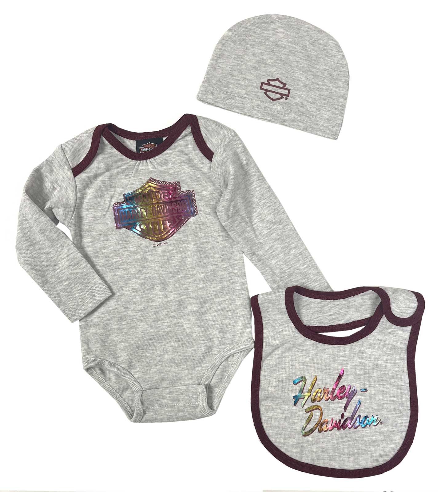 Harley-Davidson Baby Girls' Colorful Metallic 3-Piece Newborn Creeper Set - Gray - Wisconsin Harley-Davidson