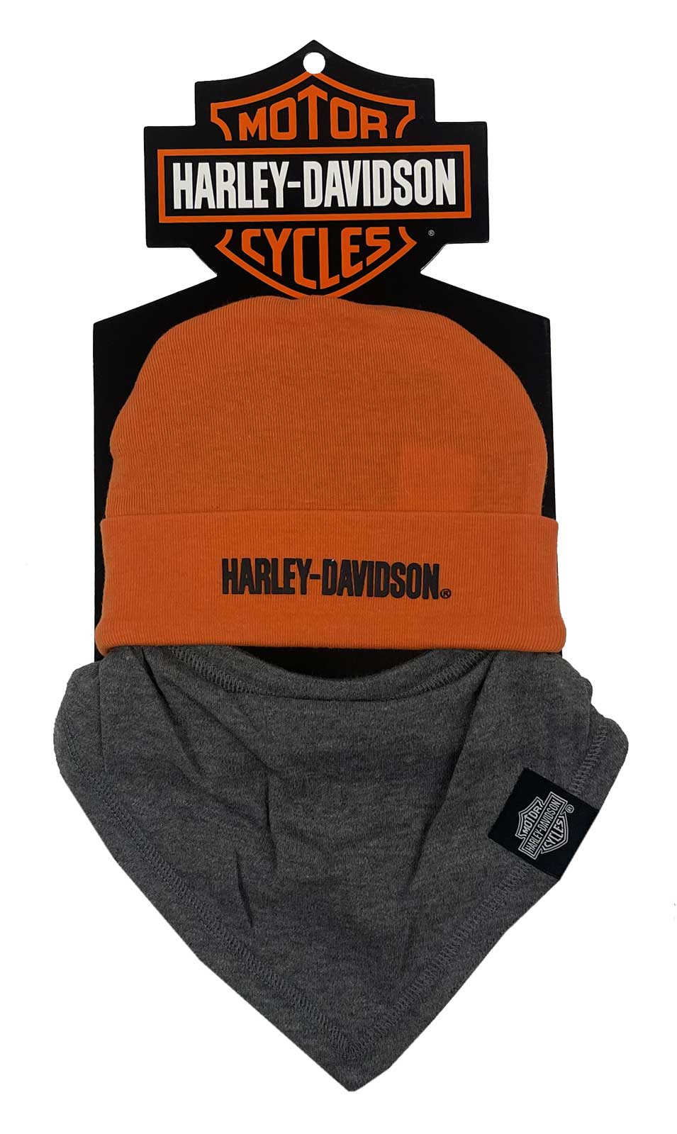 Harley-Davidson Baby Boys' 2 Pack Newborn Beanie & Handkerchief Set, Gray/Orange - Wisconsin Harley-Davidson