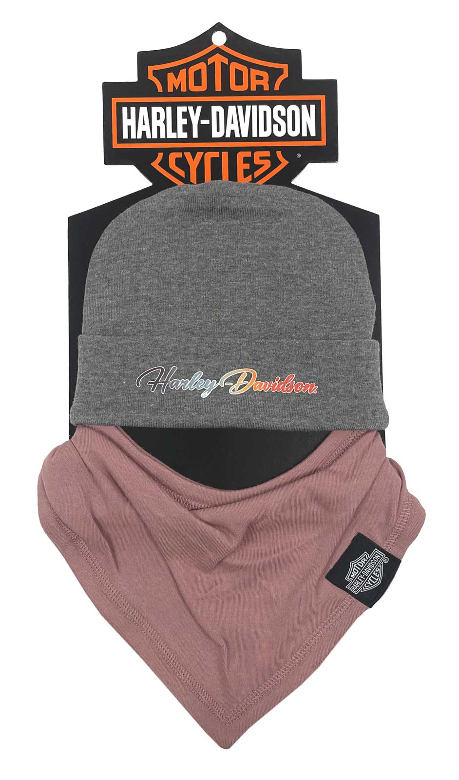Harley-Davidson Baby Girls' 2 Pack Newborn Beanie & Handkerchief Set, Gray/Pink - Wisconsin Harley-Davidson