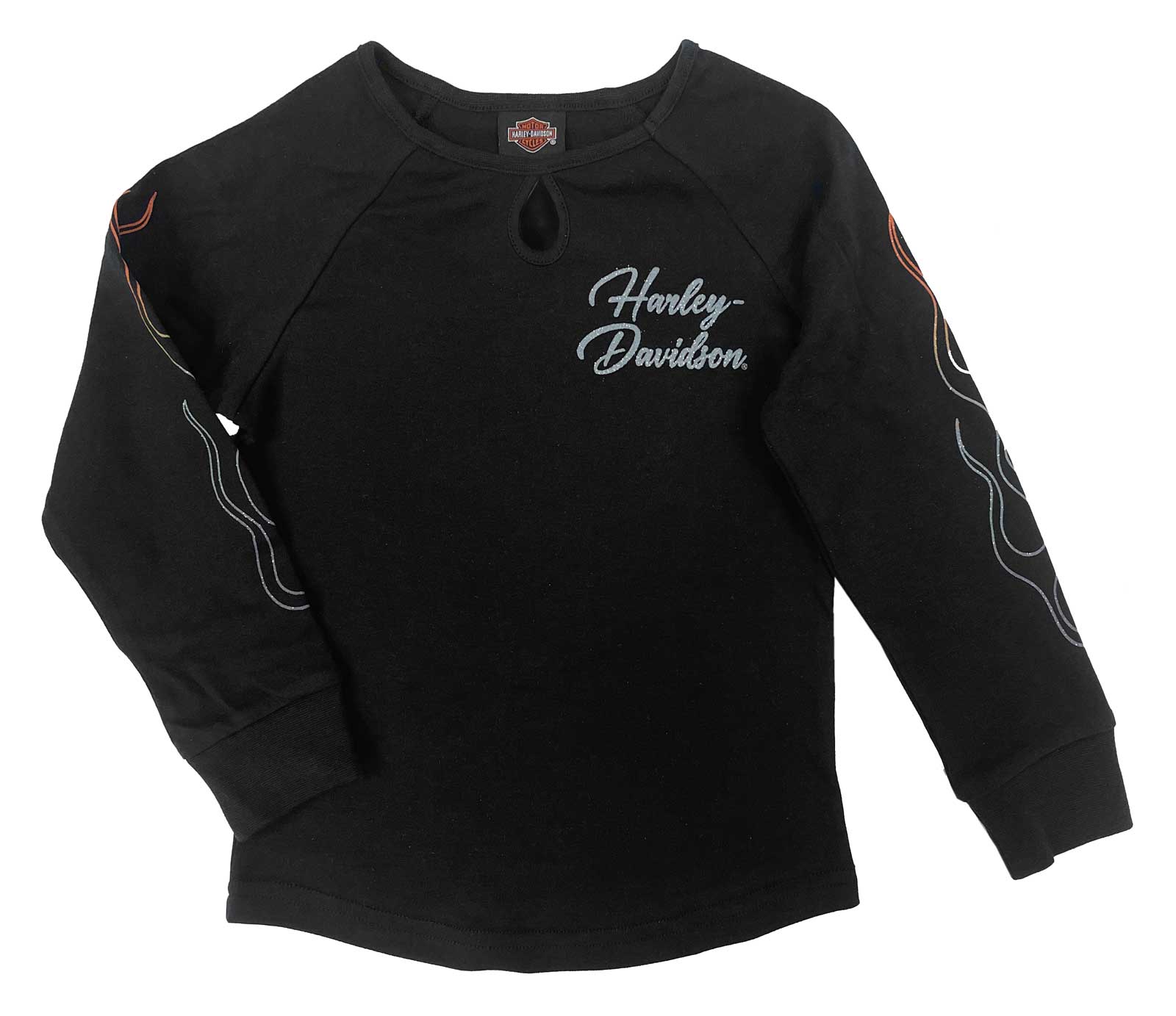 Harley-Davidson Little Girls' Glittery Keyhole Long Sleeve Toddler Tee, Black - Wisconsin Harley-Davidson