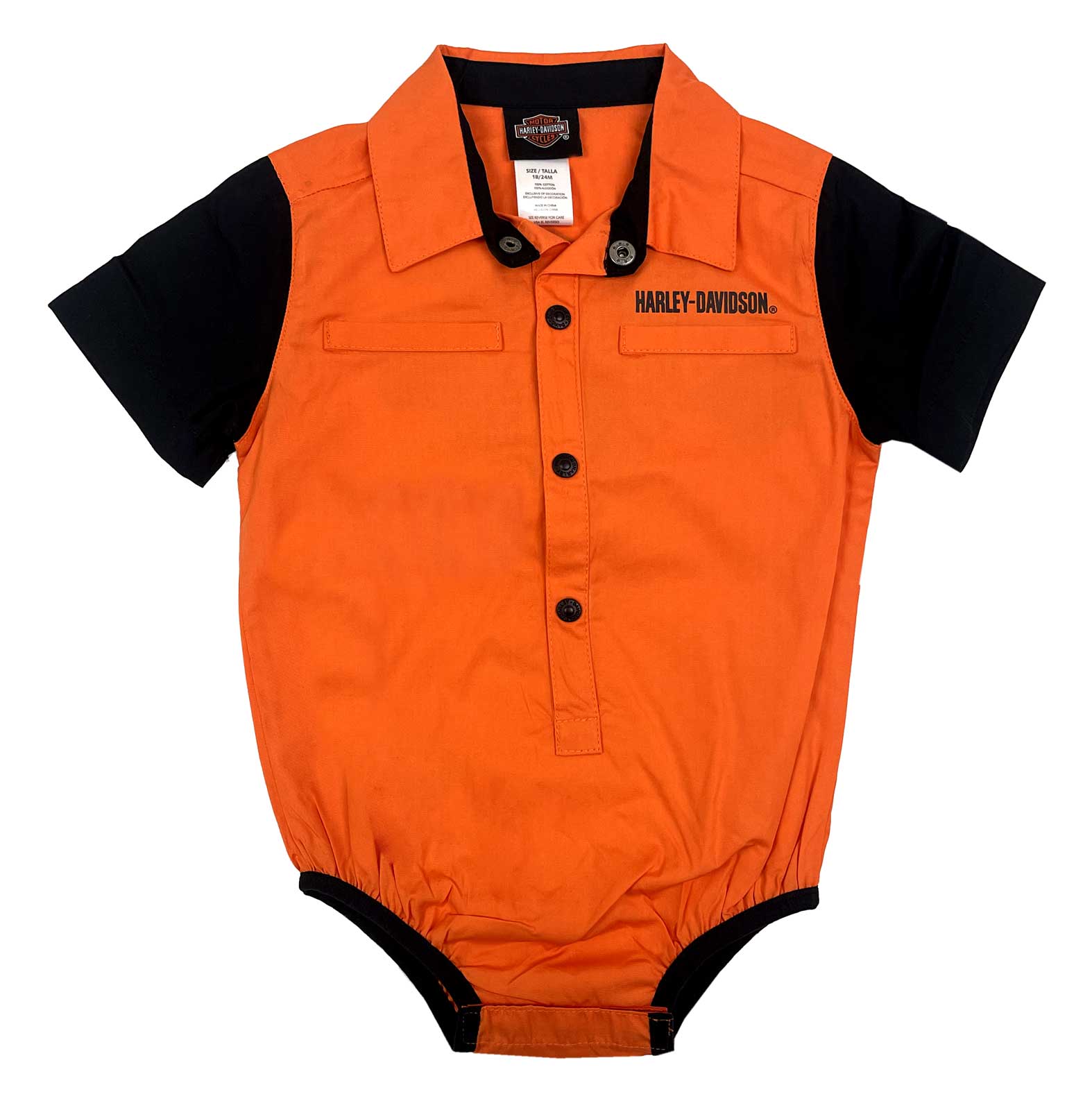 Harley-Davidson Baby Boys' Short Sleeve Poplin Infant Creeper, Orange/Black - Wisconsin Harley-Davidson