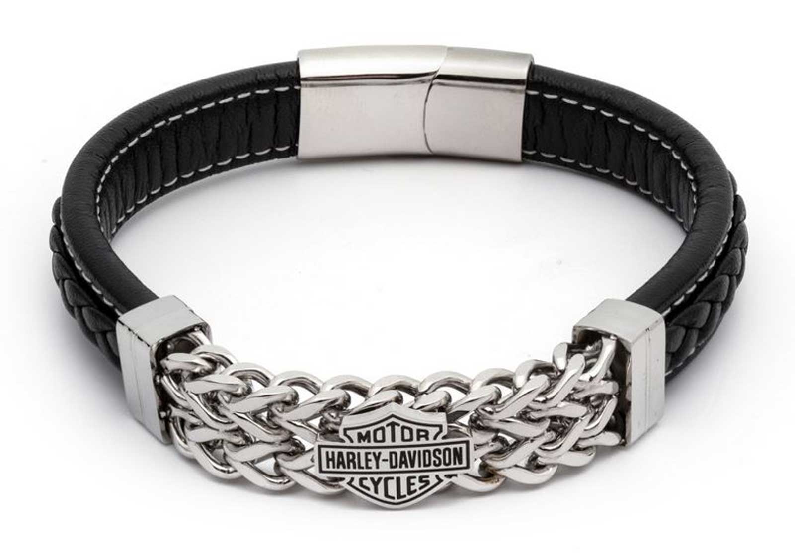 Harley-Davidson Men's 9 in. Chain Bar & Shield Cuff Bracelet, Leather/Steel - Wisconsin Harley-Davidson