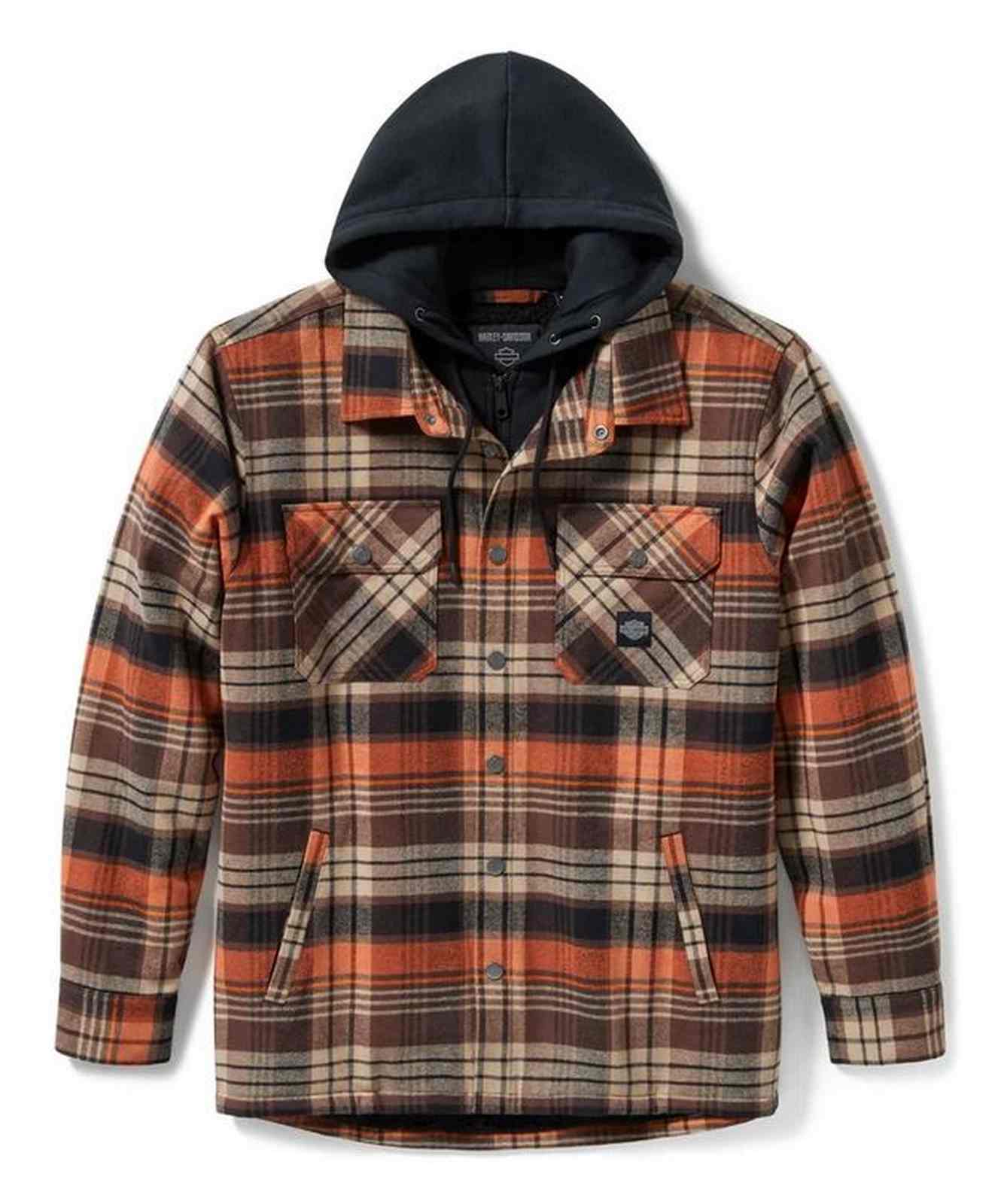 Harley-Davidson Men's Bar & Shield Hooded Plaid Shirt Jacket, Coffee 96808-25VM - Wisconsin Harley-Davidson
