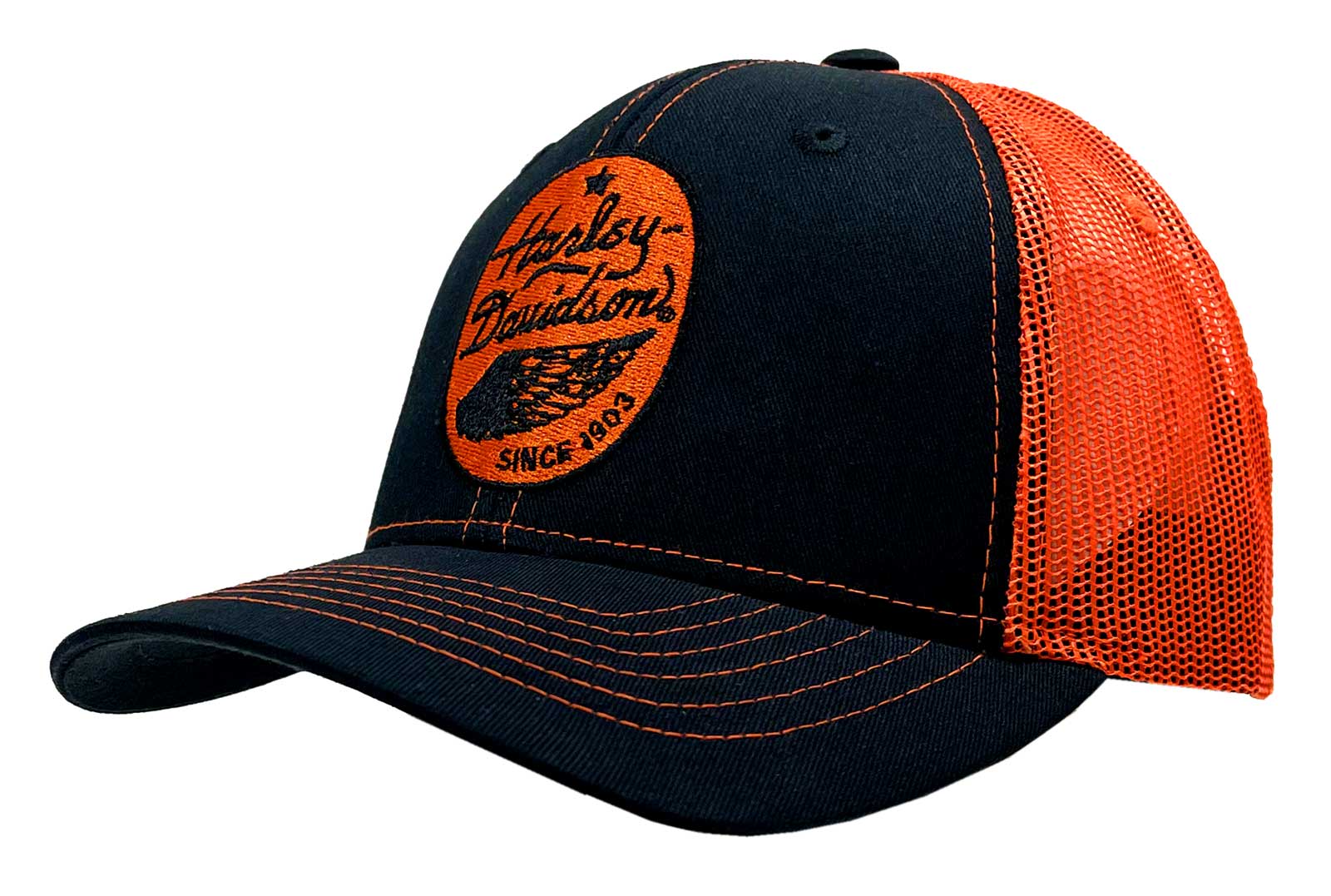 Harley-Davidson Men's Badge Snapback Mesh Colorblocked Trucker Hat, Black/Orange - Wisconsin Harley-Davidson