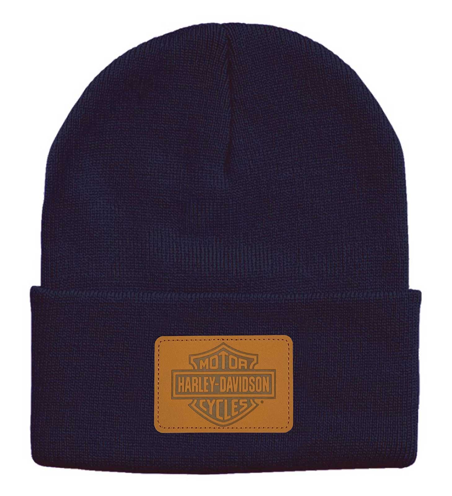 Harley-Davidson Men's Embossed Bar & Shield Logo Patch Cuffed Beanie Hat, Navy - Wisconsin Harley-Davidson